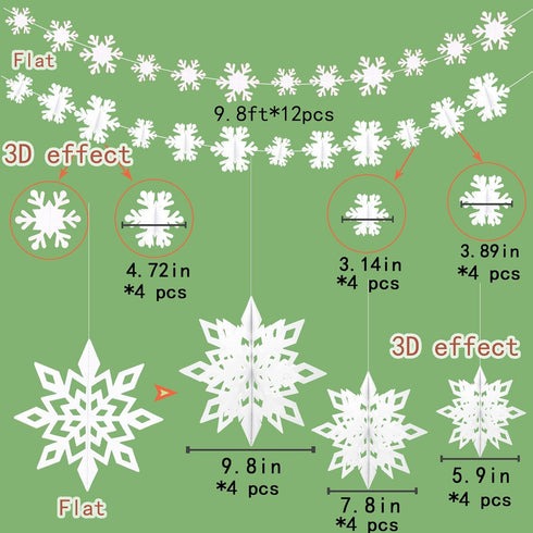 Winter Wonderland Frozen Party Snowflakes Decorations White 12pcs Hanging 3D Paper Snowflakes and Snowflake Garland for Christmas Birthday Party D...
