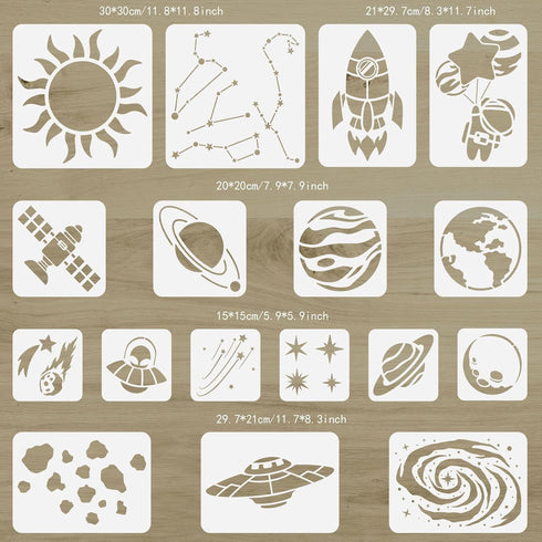 FINGERINSPIRE 17PCS Space Universe Planet Stencil 11.8"-5.9" Reusable Rocket Galaxy Sun Painting Stencil Spacecraft Star Celestial Body Wall Art S...