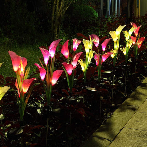 Aloudy Solar Garden Stake Lights, Upgraded 3 Pack Outdoor Waterproof Solar Powered Lights with 12 Calla Lily Flowers, 7 Colors Changing LED Solar ...
