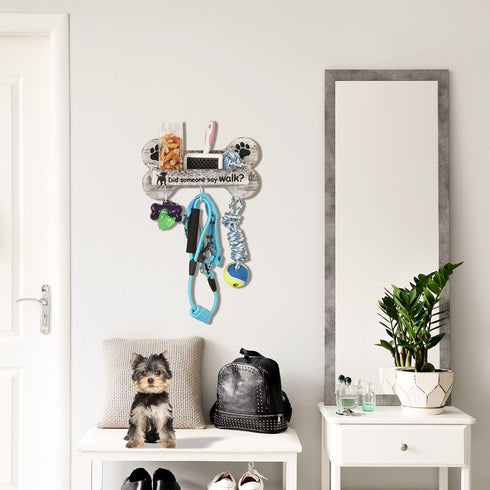 J JACKCUBE DESIGN Rustic White Bone Shape Wall Mounted Dog Leash Holder with 3 Key Holder Hooks and Extra Storage Compartment Box Shelf for Pet Tr...
