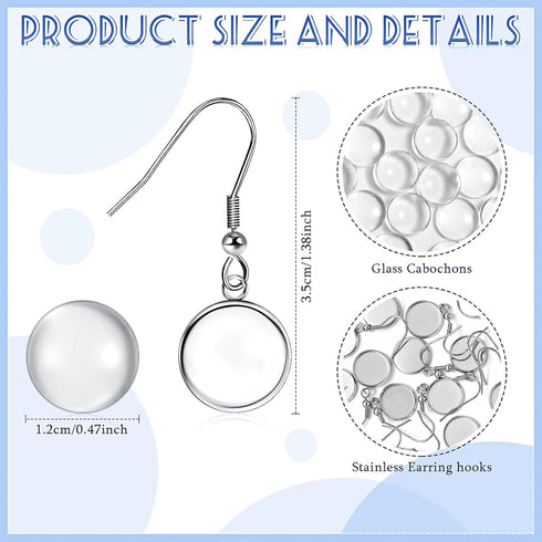 50 Pieces Earrings Wire Hooks Blanks Bezel Trays with 50 Pieces 12 mm Glass Cabochons Setting, Silver Stainless Steel Earring Blanks for DIY Jewel...