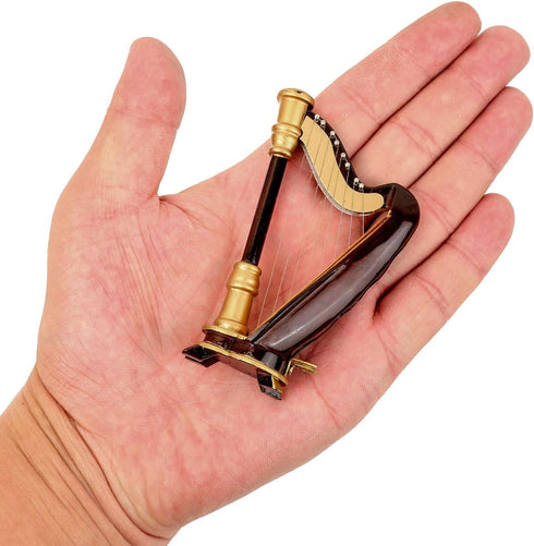 Wooden Miniature Harp with Case Mini Musical Instrument Replica Miniature Dollhouse Model Home Decoration (3.54"x1.97"x0.91")...