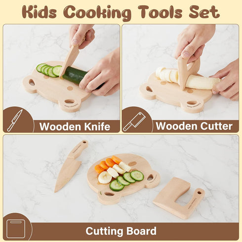 Wooden Kids Toddler Knife Set, Cutting Board and Safe Knife Set for Real Cooking, 3 Pcs Toddler Kitchen Tools, Cooking and Baking for Little Chefs...