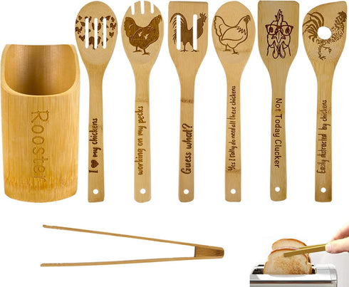 8PCS Rooster Wooden Cooking Spoons with Holder,Rooster Kitchen Decor,Chicken Decor,Farmhouse Kitchen Decor,Chicken Gifts,Rooster Gift for Women,Ho...