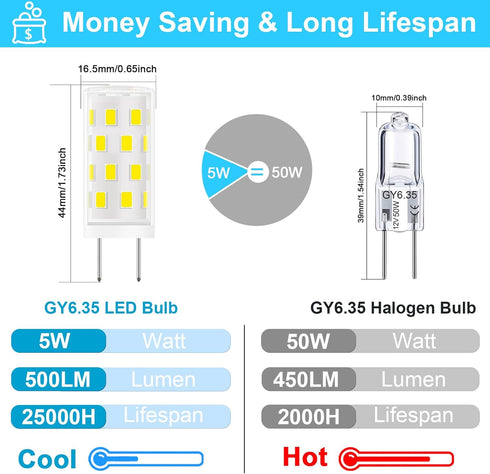 TAIYALOO GY6.35 LED Bulb 5W 6000K Daylight White 12V AC/DC Bi-Pin T4 JC Type 50W Halogen Equivalent for Pendant Light, Chandelier, Desk Light, Acc...