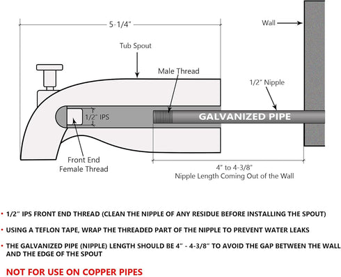 Tub Spout with Front Diverter, 1/2 inch IPS Female Front End Thread, 5-1/4 inch Overall Length, for 4 inch to 4-3/8 inch Length Galvanized Pipe Ni...