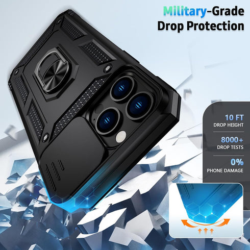 for iPhone 13 Pro Max Case with Slide Lens Cover, HD Screen Protector, Military Grade Drop Protection, Magnetic Rotated Ring Holder Kickstand Phon...