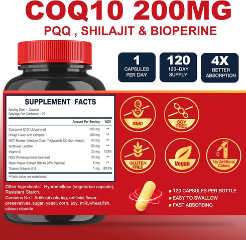 CoQ10 200mg with PQQ & Shilajit - High Absorption with Bioperine Coenzyme Q10 Supplements - Powerful Antioxidant for Heart & Brain Health and Ener...