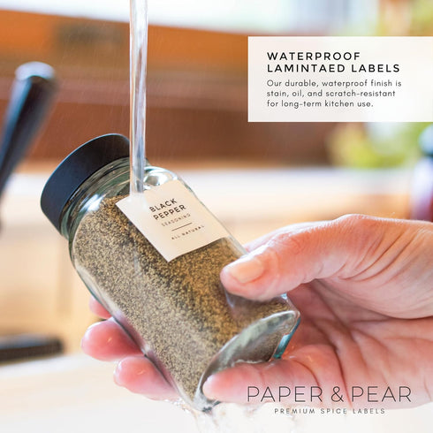Modern Style White Spice Labels (no jars) by Paper & Pear - Oil Resistant Kitchen Pantry Labels - 1.25” Square Spice Labels Stickers - Durable Spi...
