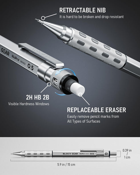 Nicpro 2 Pack Blocky Gear Metal Mechanical Pencils Set with Case, 0.5 mm & 0.7 mm Lead Drafting Pencil with 6 Tube (360PCS) Lead Refills(HB 2B), 3...