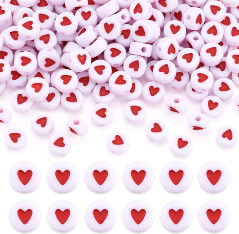 Pandahall 200pcs White Acrylic Red Heart Beads Flat Round Love Heart Disc Coin Pony Beads for DIY Word Message Initial Bracelet Spacer Charms Jewe...