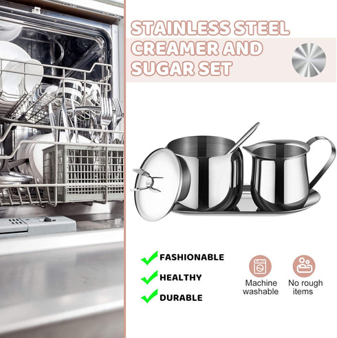 Creamer and Sugar Bowl Set Stainless Steel Latte Milk Cup Cream Jug and Sugar Bowl with Lid Spoon Tray for Coffee Serving Set Frothing Milk...