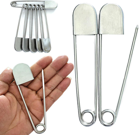 6 Pack Large Safety Pins, 5 Inches Heavy Duty Stainless Steel Oversize Safety Pins, Extra Large Pins for Blankets, Heavy Laundry, Crafts and Decor...