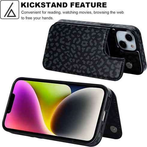HAOPINSH for iPhone 13/14 Wallet Case with Card Holder, Black Leopard Cheetah Pattern Back Flip Case PU Leather Kickstand Card Slots Case for Wome...