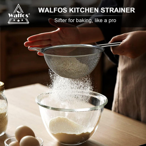 Walfos Fine Mesh Strainers Set, Premium Stainless Steel Colanders and Sifters, with Reinforced Frame Sturdy Handle, Perfect for Sift, Strain, Drai...