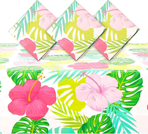 Sparkle and Bash - 3 Pack Tropical Plastic Tablecloth - 54x108 Inch Rectangle Hibiscus Floral Aloha Table Cover for Hawaiian Luau Party Supplies D...