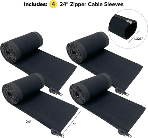 Zipper Cable Sleeve by Wrap-It Storage - 24" x 4" (4-Pack) Black - Cord Organizer and Cable Protector for Desk, Computer, TV Cord Management to Hi...