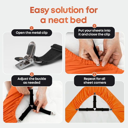 5 STARS UNITED Bed Sheet Straps Set | Easy to Use Adjustable Elastic Fasteners with Metal Clips | Sheet Holders for Corners | Fitted Sheet Clips t...