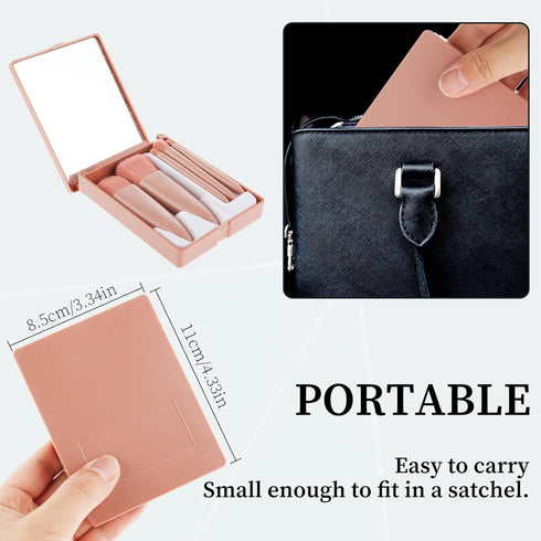 5 PCS Mini Travel Size Makeup Brushes with Mirror, Travel Make up Brushes Set, Compact Makeup Brush Travel Case Subtle Beauty Stackable Makeup...