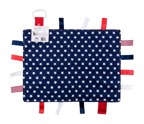Baby Sensory, Security & Teething Closed Ribbon Tag Lovey Blanket with Minky Dot Fabric: 14”X18” (American Flag)...
