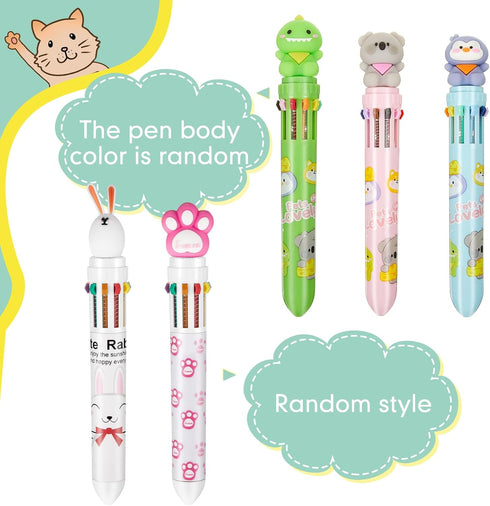 12 Pcs Multicolor Pens 10 in 1 Retractable Ballpoint Pens 0.5 mm Animals Ballpoint Pens Back to School Gift for Students Animal Shaped Design Shut...