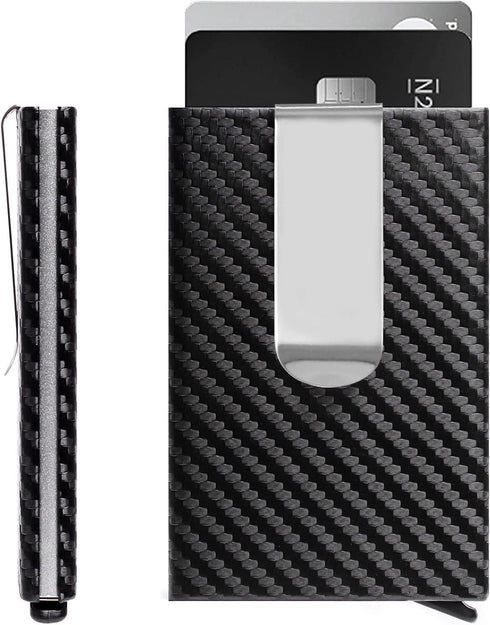 Slim Wallet for Men with Money Clip and Credit Card Holder, RFID Blocking Carbon Fiber Wallet,Minimalist Pop-Up Metal Front Pocket Wallet. (Black)...