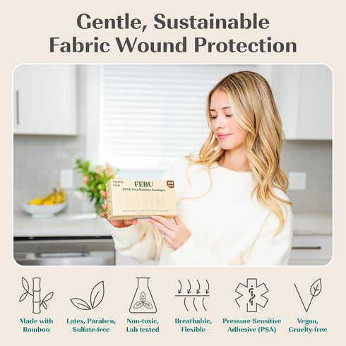 FEBU Eco-Friendly Bamboo Fabric Bandages | PFAS Free Flexible Fabric Bandages | Natural Hypoallergenic Bandage for Scrapes, Cuts & First Aid | Ful...