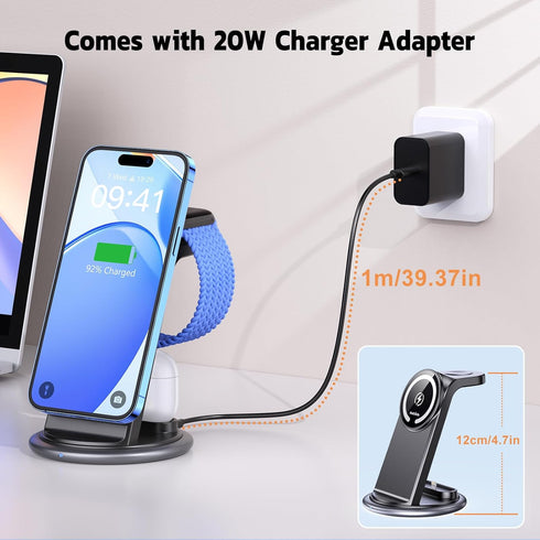 3 in 1 Charging Station for Magsafe Wireless Charger Stand,Compatible with Apple iWatch Series,iPhone 15 14 13 12,AirPods 3/2/1/Pro/Max Multi-Char...