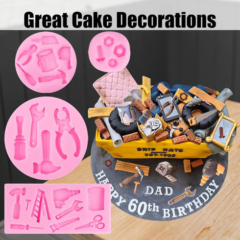 Hand Tools Silicone Molds 4 Pcs, Mini Construction Tools Chocolate Fondant Molds for Cupcake Toppers Mini Cake Decorating Candy Polymer Clay Resin...