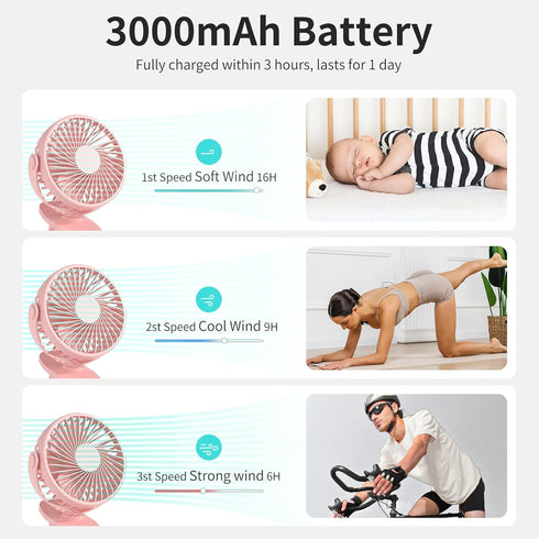 Portable Clip on Fan, 360° Rotate Battery Operated Stroller Fan, 3 Speed Quiet Mini Personal Desk Fan, USB Rechargeable Clooing Fan for Outdoor Ca...