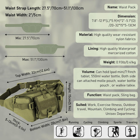 Tactical Fanny Pack, Military Outdoor Waist Bag Belt Packs Hip Bumbag Utility Bags with Adjustable Strap for Cycling Hiking Hunting (Green)...