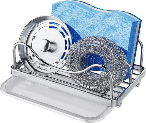 Consumest Sponge Holder for Kitchen Sink, Movable Sink Caddy for Countertop Organizer, 304 Stainless Steel Sink Sponge Holder with Detachable Drip...