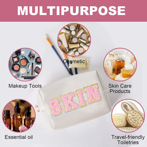 Preppy Patch Skincare Bags Travel Makeup Bag Varsity Letter Cosmetic Toiletry Cute Bag for Teen Girls PU Leather Portable Zipper Pouch Storage Pur...