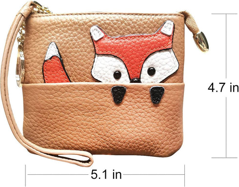 Fox Pattern Leather Coin Purse Keychain Change Pouch Wallet with Zippered(brown)...