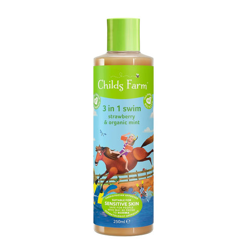 Childs Farm, Kids 3 in 1 Swim, Strawberry and Organic Mint 250 ml, Body Wash, Shampoo and Conditioner, Suitable for Dry, Sensitive and Eczema-Pron...