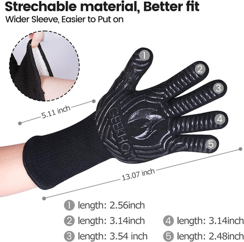 GEEKHOM BBQ Grill Gloves,1472? Heat Resistant Oven Gloves, EN407 Certified 13 Inch Flexible Barbecue Mitts Good Grip for Smoker, Baking, Cooking, ...