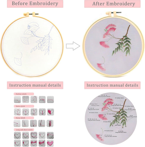FOXTEMO Embroidery Kit for Beginners Adults, 1 Pack 20CM Embroidery Hoops, Acacia Embroidery Pattern Beginner Embroidery Kit with Needles and Thre...