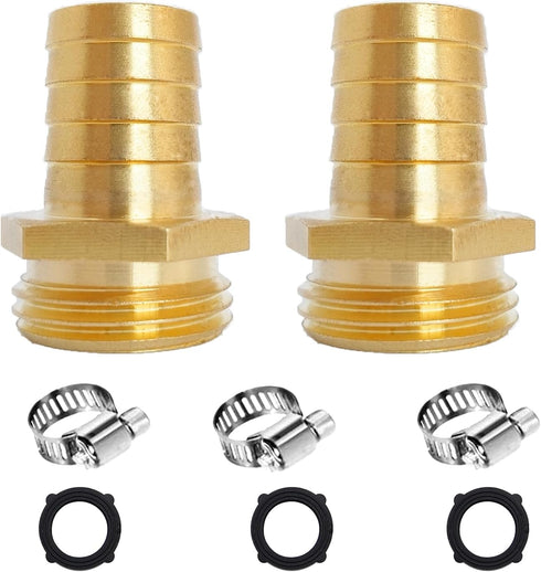 2Pcs 1/2" Barb x 3/4" Male GHT Thread Hex Brass Garden Water Hose Pipe Connector Copper Fitting with Stainless Clamp House/Boat/Lawn/Power Wash/Ir...