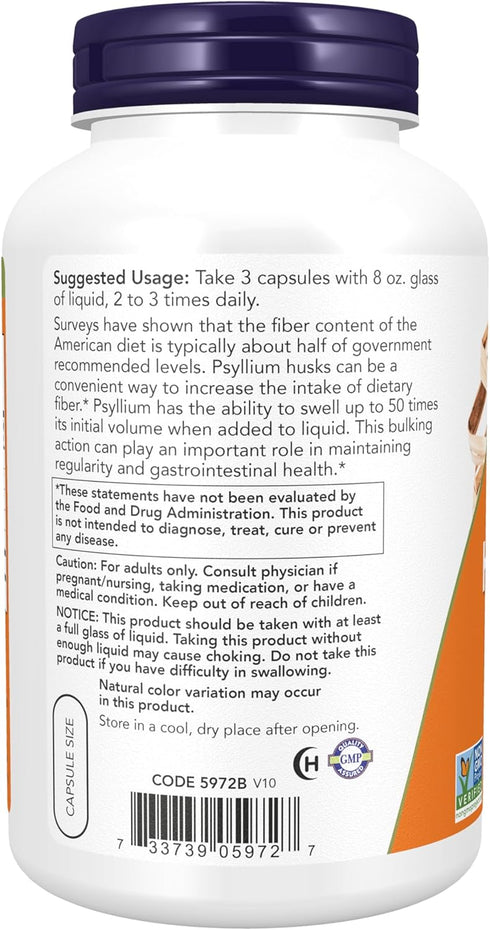 NOW Supplements, Psyllium Husk Caps 500 mg, Non-GMO Project Verified, Natural Soluble Fiber, Intestinal Health*, 500 Veg Capsules...