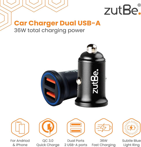 Dual USB-A 36W with one QC 3.0 Compact Metal Fast Car Charger for iPhone 14 13 12 SE 11 X 8 7 & iPad; Samsung Galaxy S20 S1 Note OnePlu, Pixe, & M...