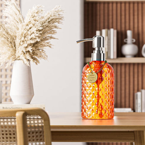 12 oz Diamond Stripe Glass Soap Dispenser, 304 Rust Proof Glass Soap Dispenser, Orange Glass Bottle Soap Dispenser with Pump; Restroom Soap Dispen...