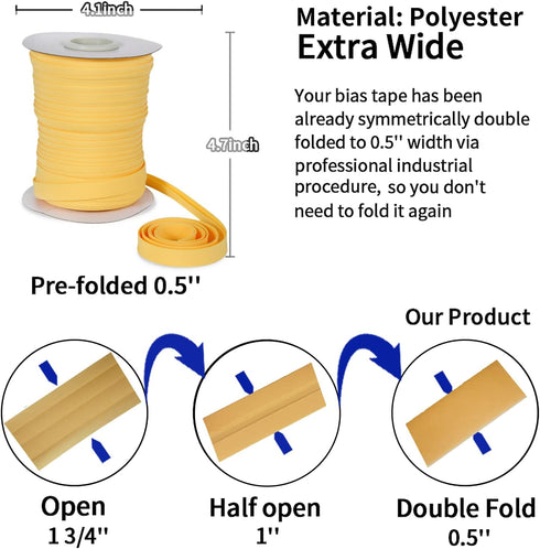 Tewadoo Bias Tape Double Fold 1/2 Inch - Orange Yellow 55 Yards Polyester Binding Tape for Sewing, Quilt Binding, Hemming, Seaming and Fabric Pipi...