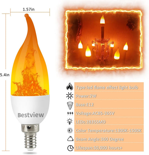 Bestview LED Flame Effect Light Bulbs,3 Modes Flickering Light Bulbs, Smart E12 Chandelier Base Candle Fire Light Bulb for Halloween, Christmas,Pa...