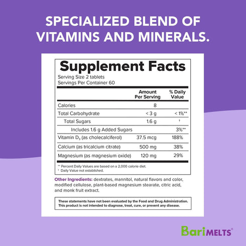 BariMelts Bariatric Calcium Citrate with Vitamin D3 and Magnesium - 1 Month Supply (120 Smooth-Dissolving Tablets) - Post-Op Bariatric Vitamins...