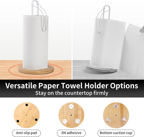 Wood Paper Towel Holder with Fixer, Paper Towel Holder Countertop, Kitchen Towel Holder Free-Standing with Fixed or Non-Slip Wooden Base-White...