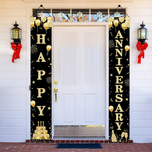 Wedding Anniversary Door Banner - Black Gold Happy Anniversary Sign for Party Decorations, Welcome Porch Outdoor Supplies...