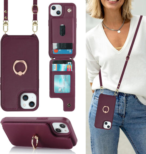 for iPhone 15 Case with Card Holder and Strap for Women,Crossbody Lanyard,Stand Ring Kickstand,Snap Clasp,Phone Wallet Cases 6.1 inch(Wine Red)......