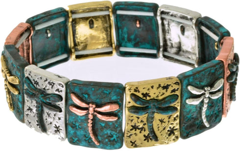 PammyJ Tri-Tone Dragonfly Stretch Bracelet with Patina Finish...