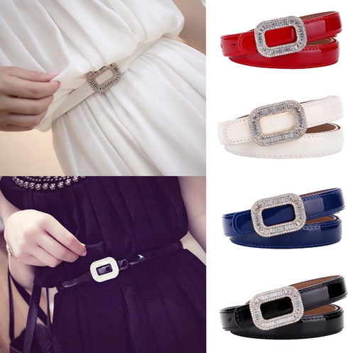 Women's Belt Dress Genuine Leather Skinny Patent Leather Belts Gold Rectangle Shiny Rhinestone Buckle Waistband...