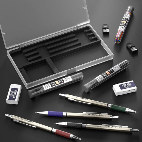 Nicpro 4 PCS Premium 2.0 mm Mechanical Pencils Set, 108 Colored & Black (HB 2B) Lead Refills, Art Metal 2mm Carpenter Pencil with 2 Erasers, 2 Sha...